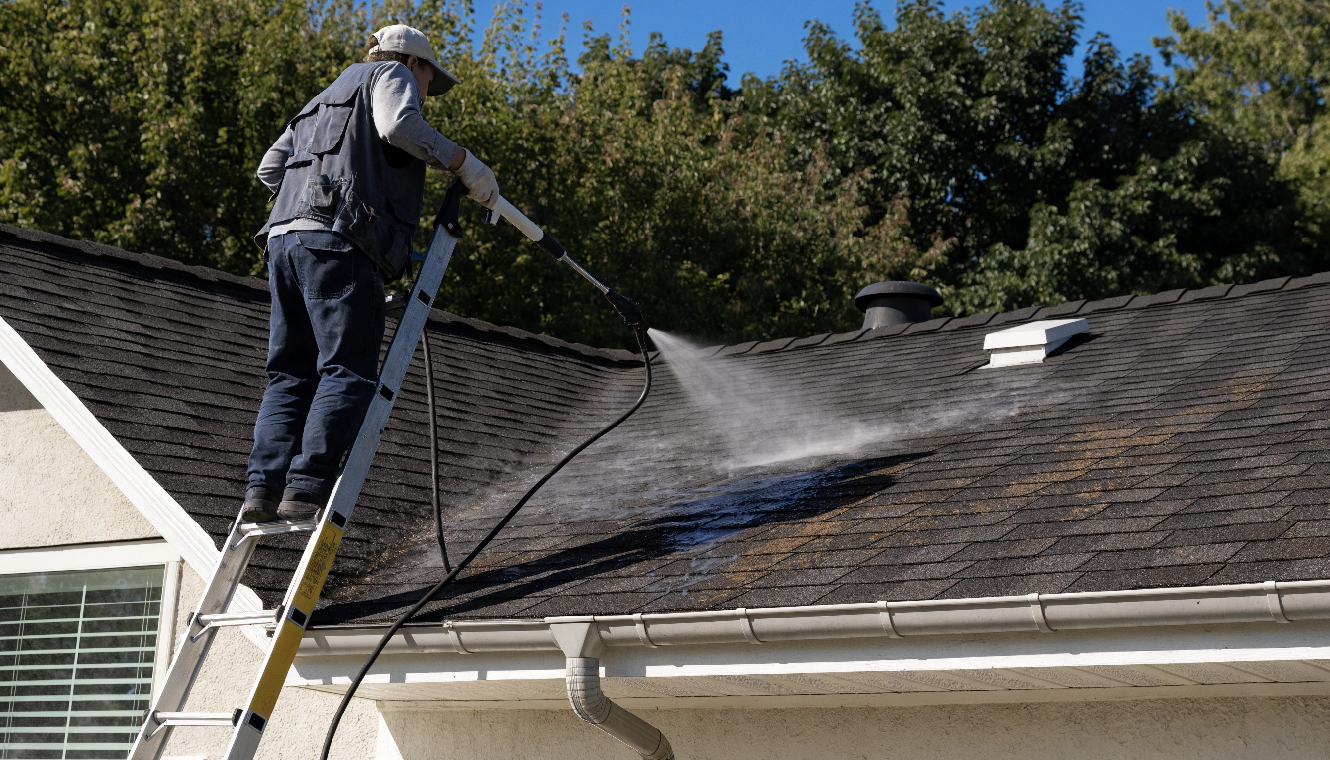 A worker in a blue shirt and cap is cleaning a large glass window on a modern building, using a squeegee. The worker is equipped with a tool belt and appears focused on the task.